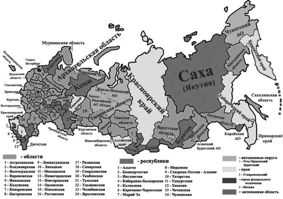 Чем отличается область от края и республики. Карта областей округов республик России. Карта России с республиками и автономными округами.