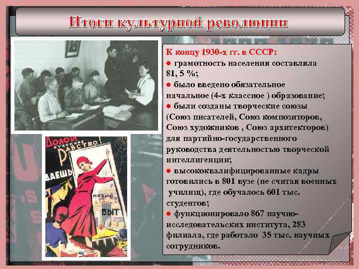 СССР В 1920-1930-Х гг. культурная революция. Культурная ое. Идеология и культура в ссср