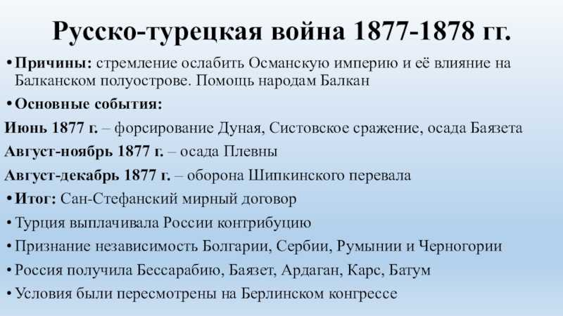 Русско-турецкая война 1877-1878: кратко о событиях